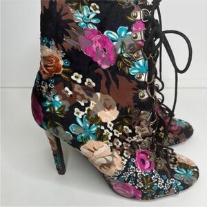 Betsey Johnson black velvet floral print lace up booties with peep toes